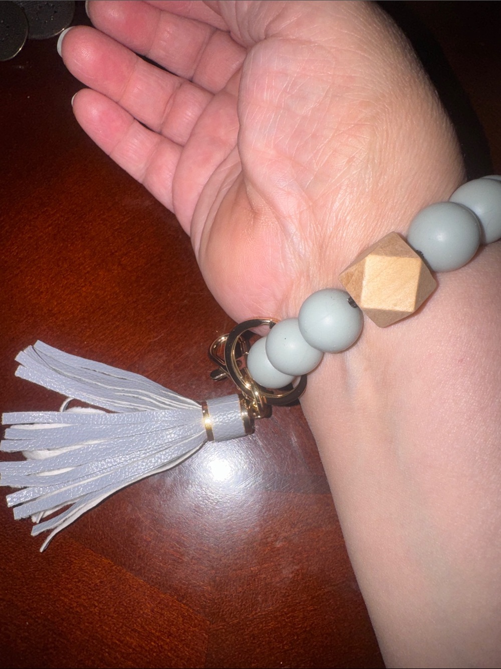 Beaded Tassel Wristlet Keychain - Blue, Tan and White - Picture 3 of 5